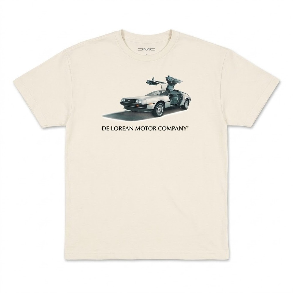 DMC De Lorean Motor Company Mens Large Cream T-Shirt Back To The Future Car Tee